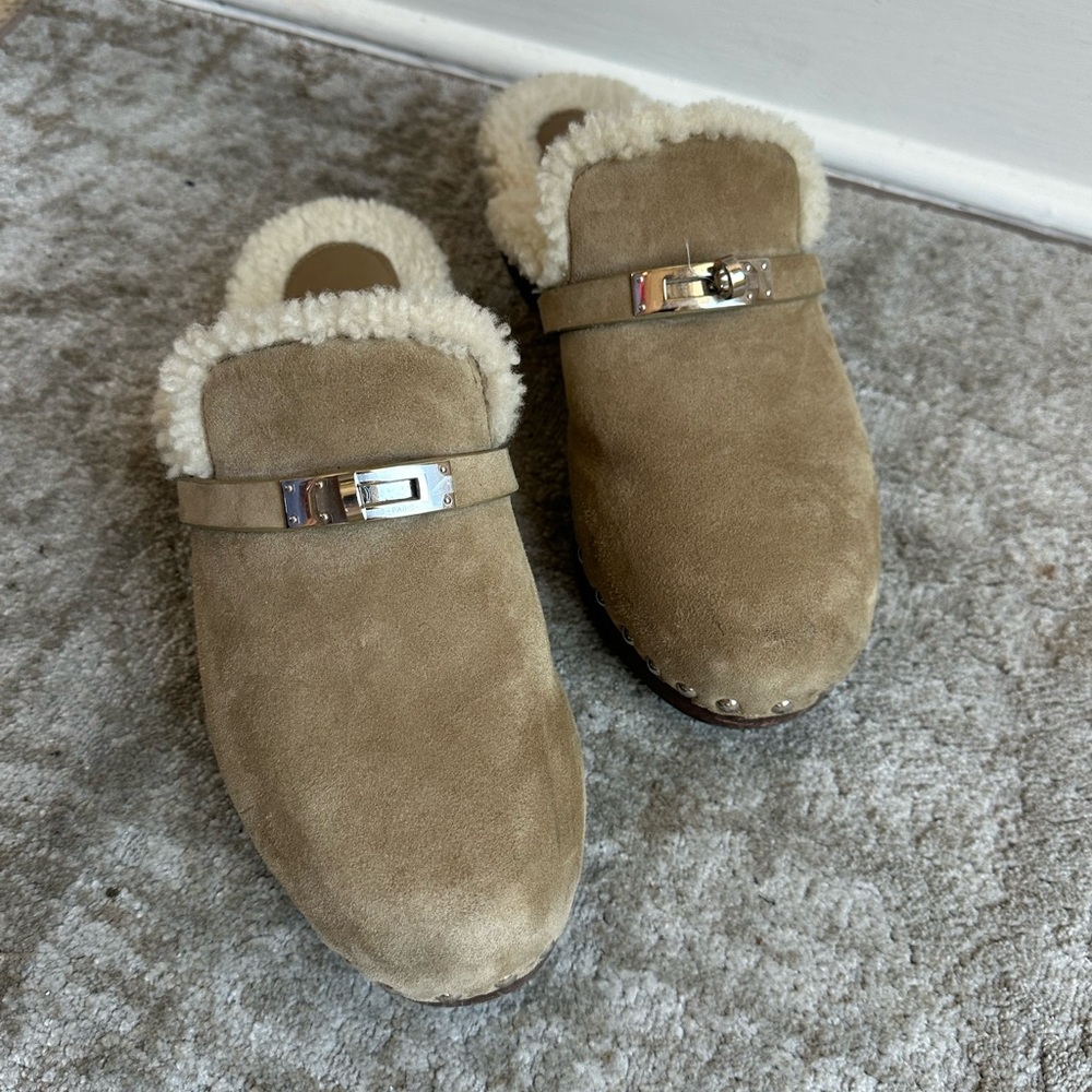 Hermes Carlotta Shearling Mules suede Kelly Buckle
